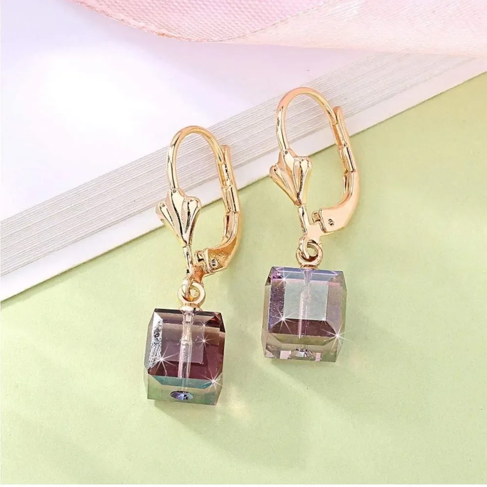 14K Yellow Gold with Purple Amethyst Austrian Crystal Cube Leverback Earrings